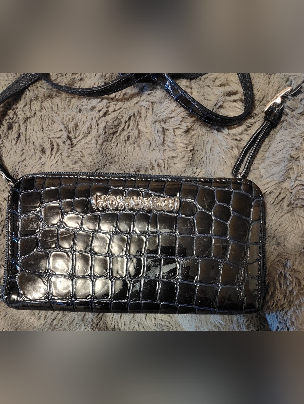 Brighton Black Croc-Embossed Patent Crossbody Clutch